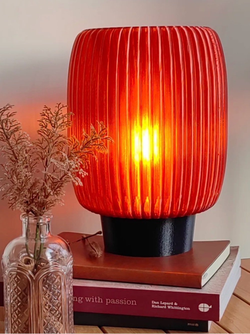 Better Homes & Gardens Red Amber Ribbed Glass Lantern Lamp with metal Base